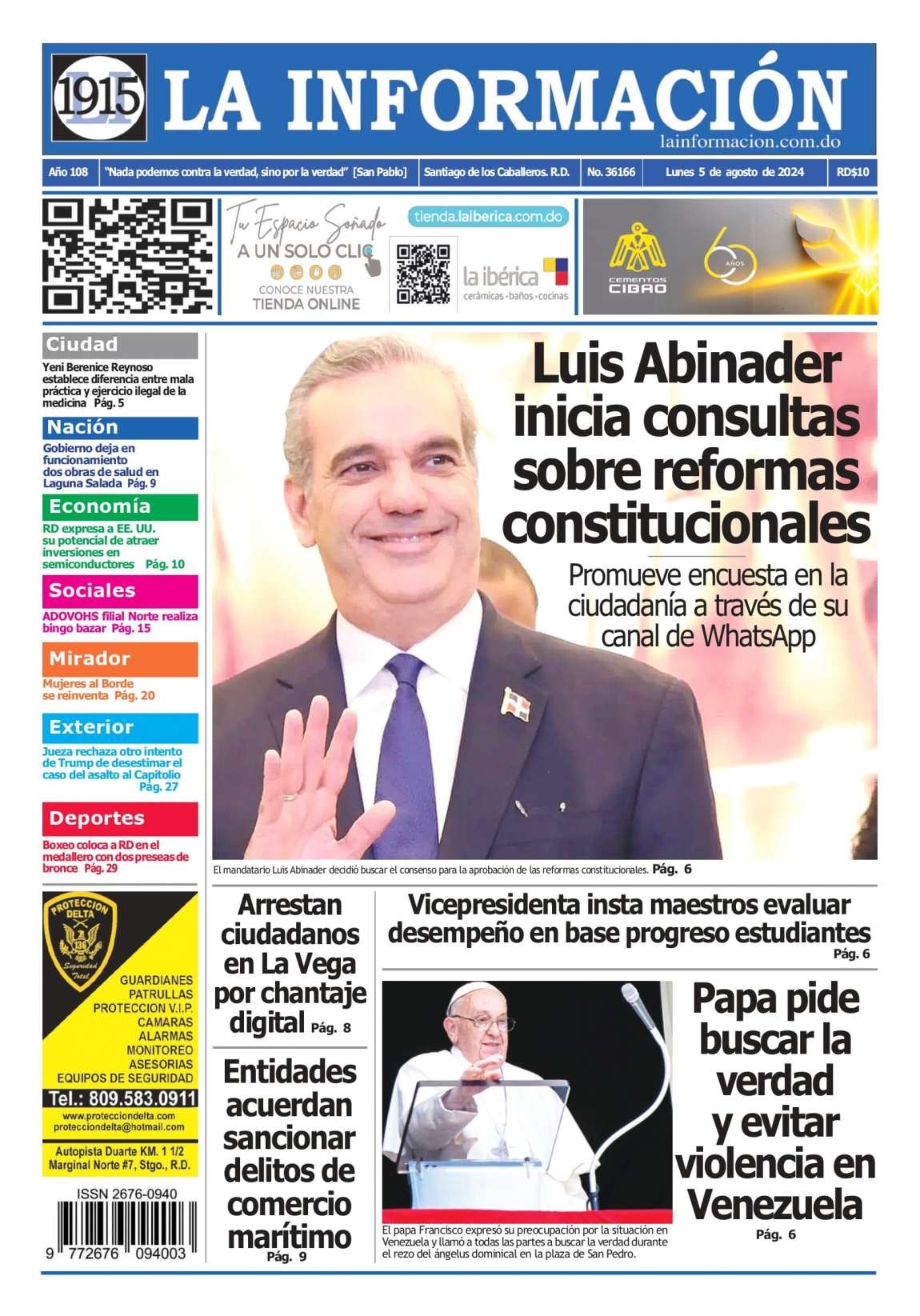 Portada Periódico La Información, Lunes 05 Agosto, 2024