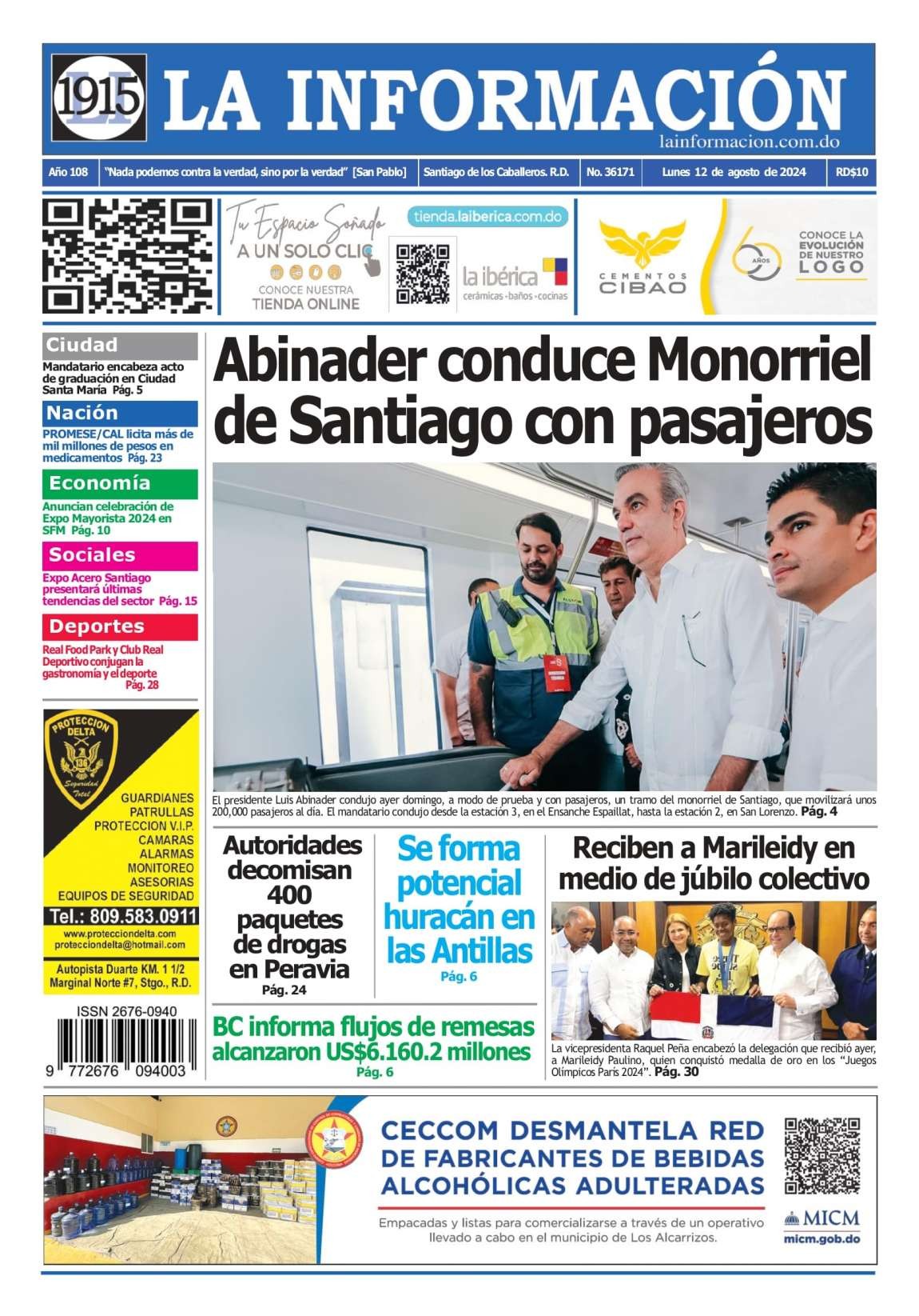 Portada Periódico La Información, Lunes 12 Agosto, 2024