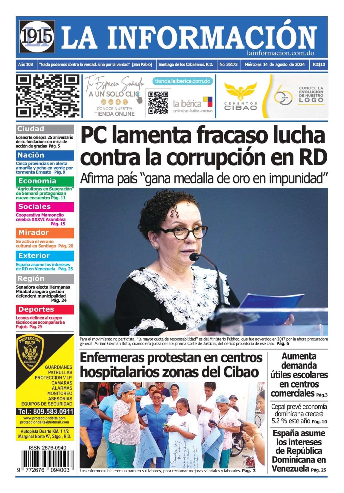 Portada Periódico La Información, Miércoles 14 Agosto, 2024