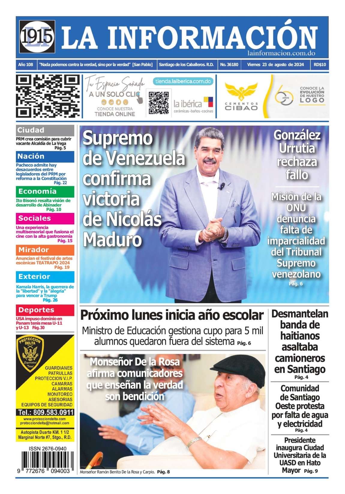 Portada Periódico La Información, Viernes 23 Agosto, 2024