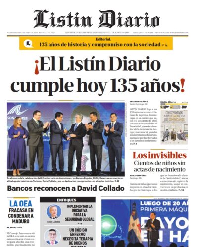 Portada Periódico Listín Diario, Jueves 01 Agosto, 2024