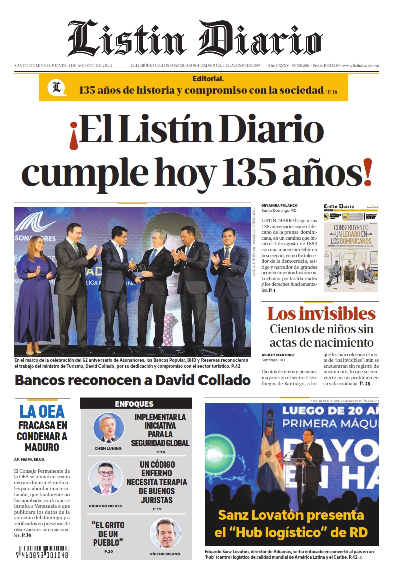 Portada Periódico Listín Diario, Jueves 01 Agosto, 2024