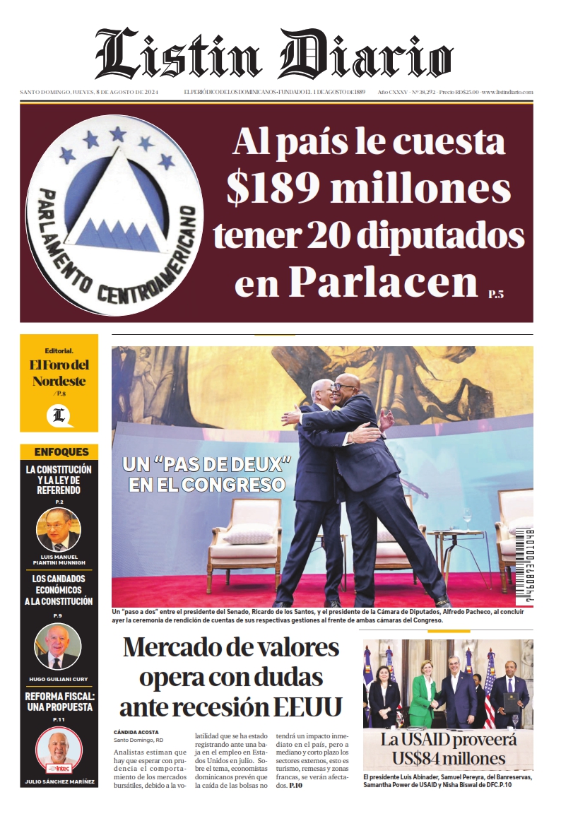 Portada Periódico Listín Diario, Jueves 08 Agosto, 2024