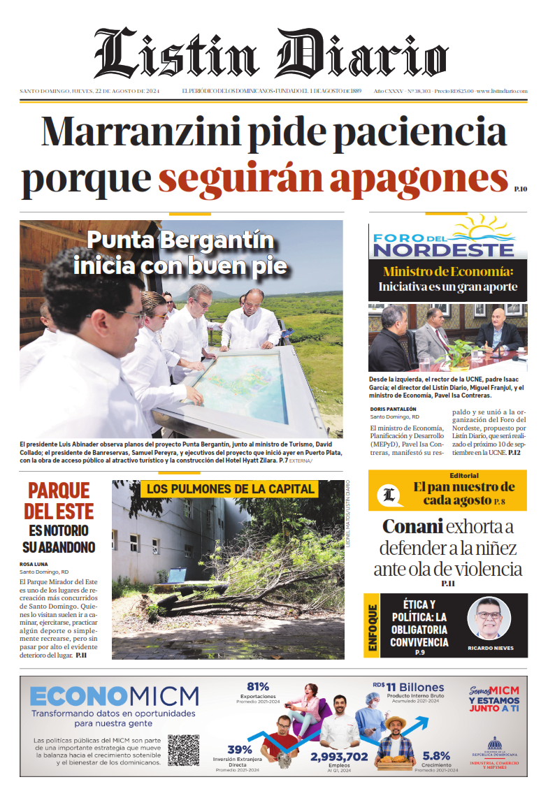 Portada Periódico Listín Diario, Jueves 22 Agosto, 2024