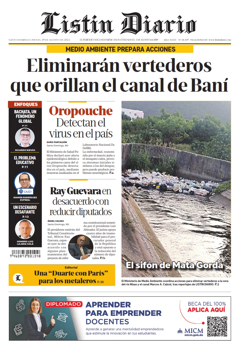 Portada Periódico Listín Diario, Jueves 29 Agosto, 2024