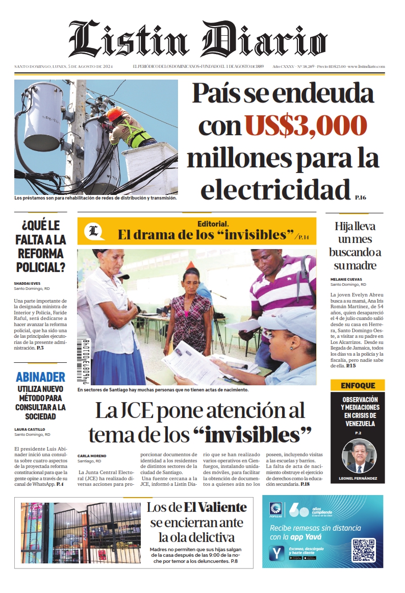 Portada Periódico Listín Diario, Lunes 05 Agosto, 2024