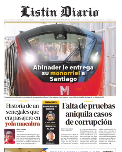 Portada Periódico Listín Diario, Lunes 12 Agosto, 2024