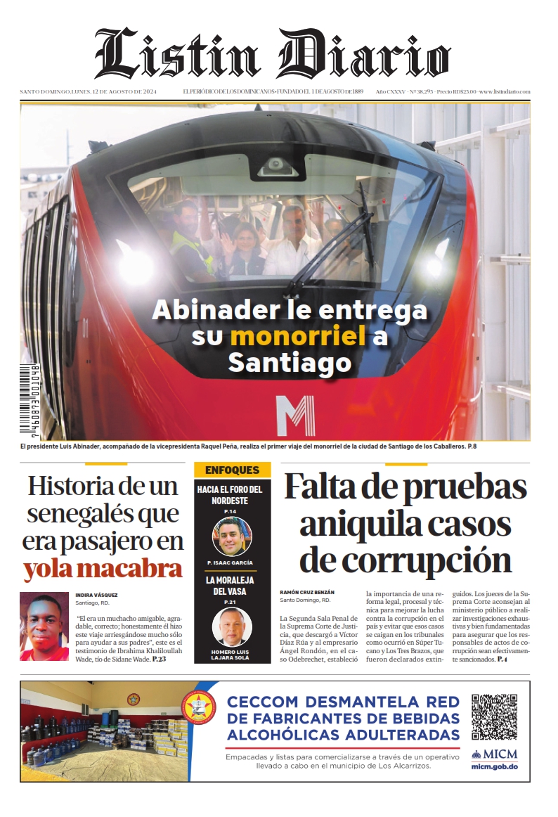 Portada Periódico Listín Diario, Lunes 12 Agosto, 2024