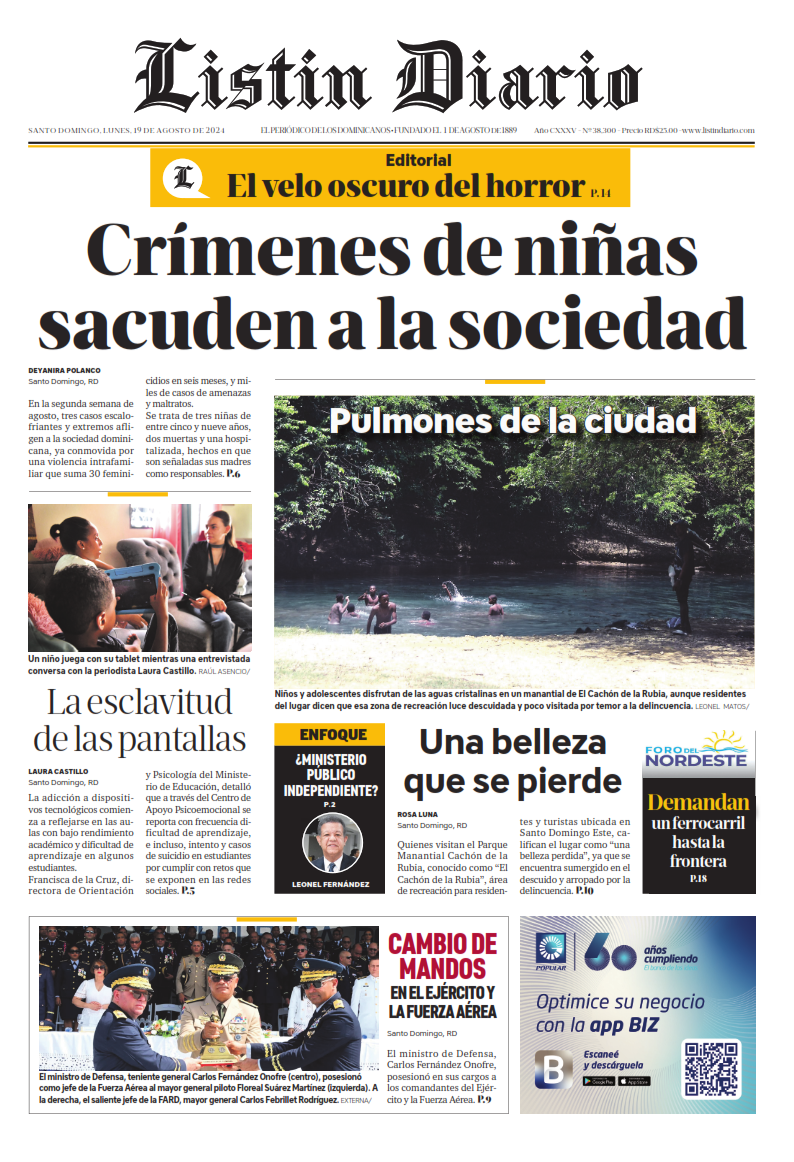 Portada Periódico Listín Diario, Lunes 19 Agosto, 2024