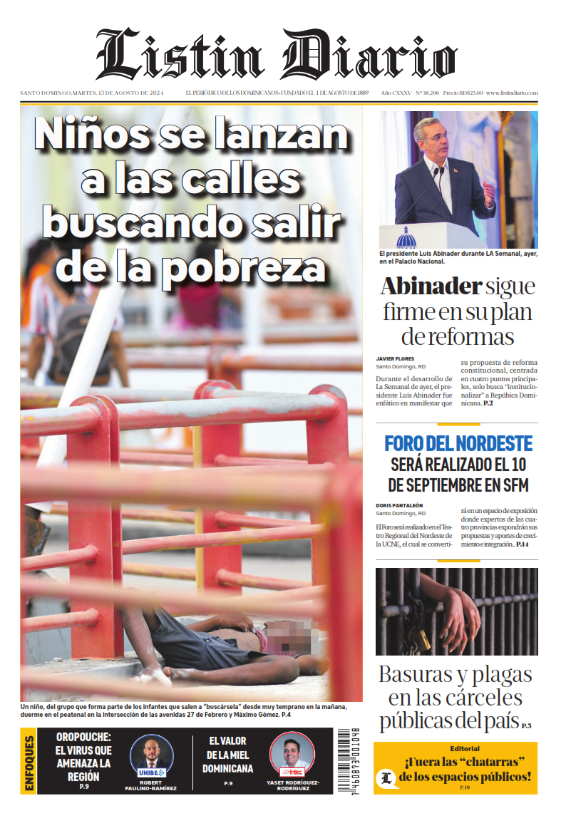 Portada Periódico Listín Diario, Martes 13 Agosto, 2024