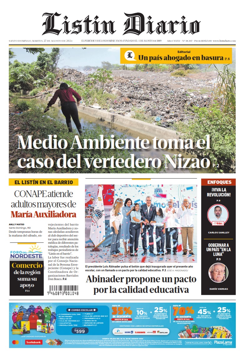 Portada Periódico Listín Diario, Martes 27 Agosto, 2024