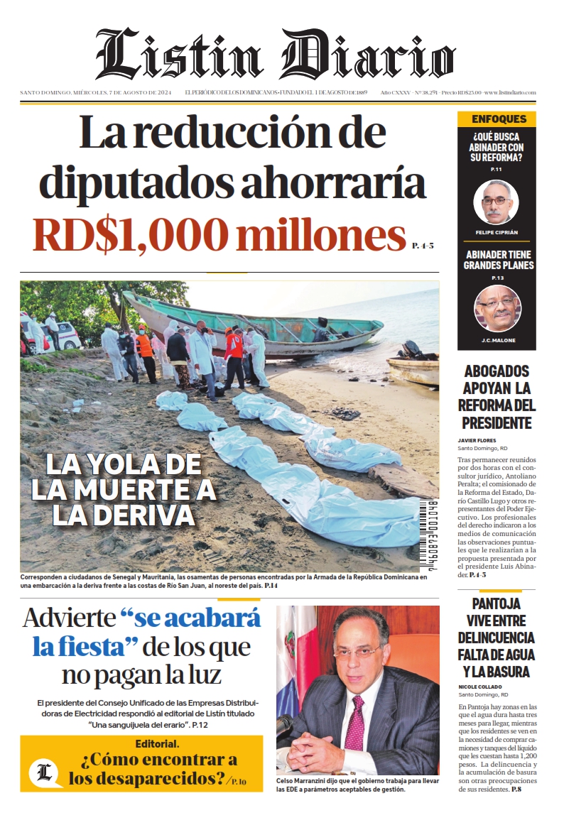 Portada Periódico Listín Diario, Miércoles 07 Agosto, 2024