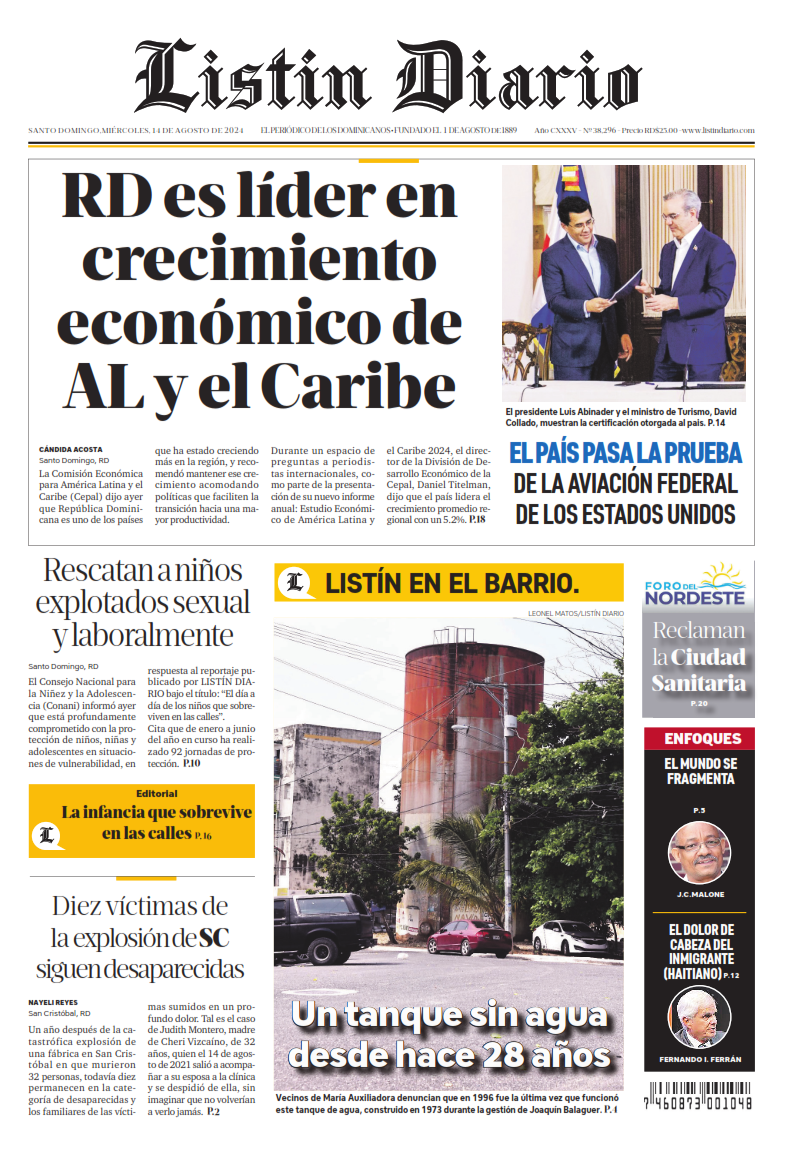 Portada Periódico Listín Diario, Miércoles 14 Agosto, 2024