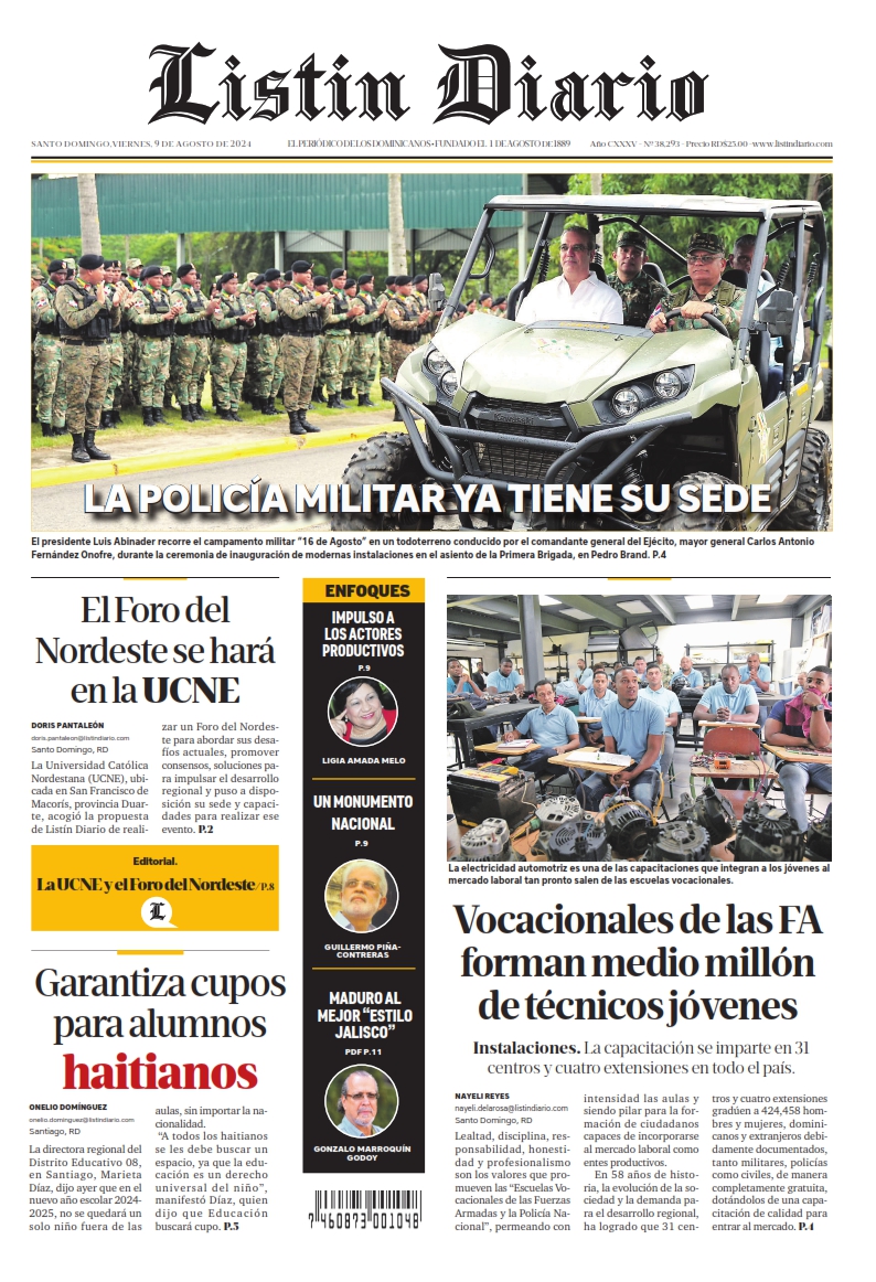 Portada Periódico Listín Diario, Viernes 09 Agosto, 2024