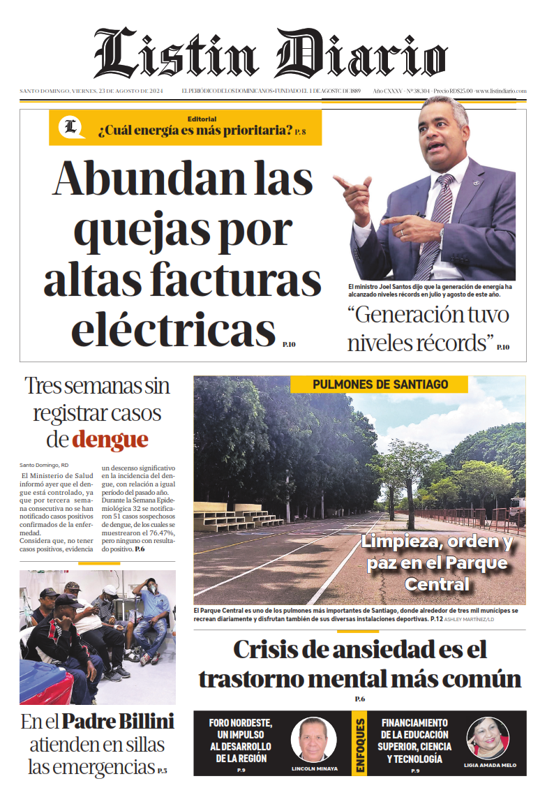 Portada Periódico Listín Diario, Viernes 23 Agosto, 2024