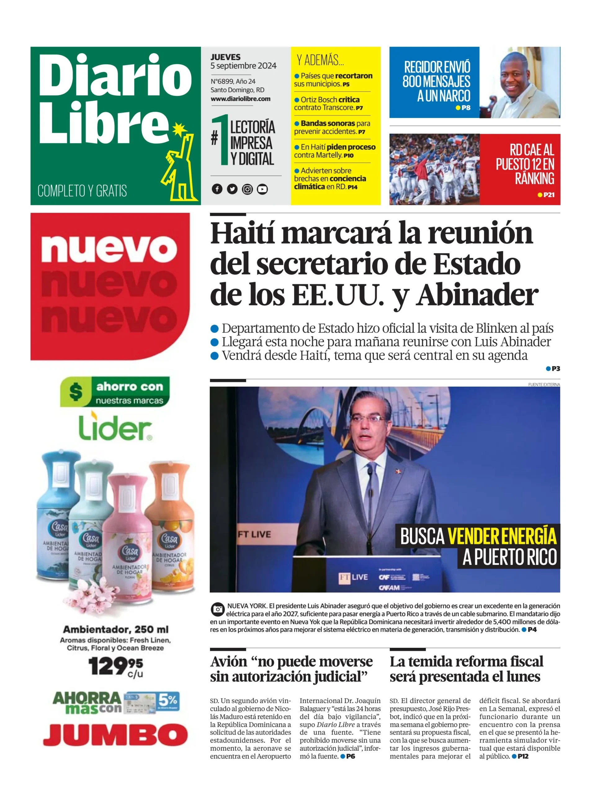 Portada Periódico Diario Libre, Jueves 05 Septiembre, 2024