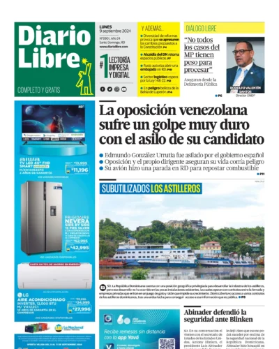 Portada Periódico Diario Libre, Lunes 09 Septiembre, 2024