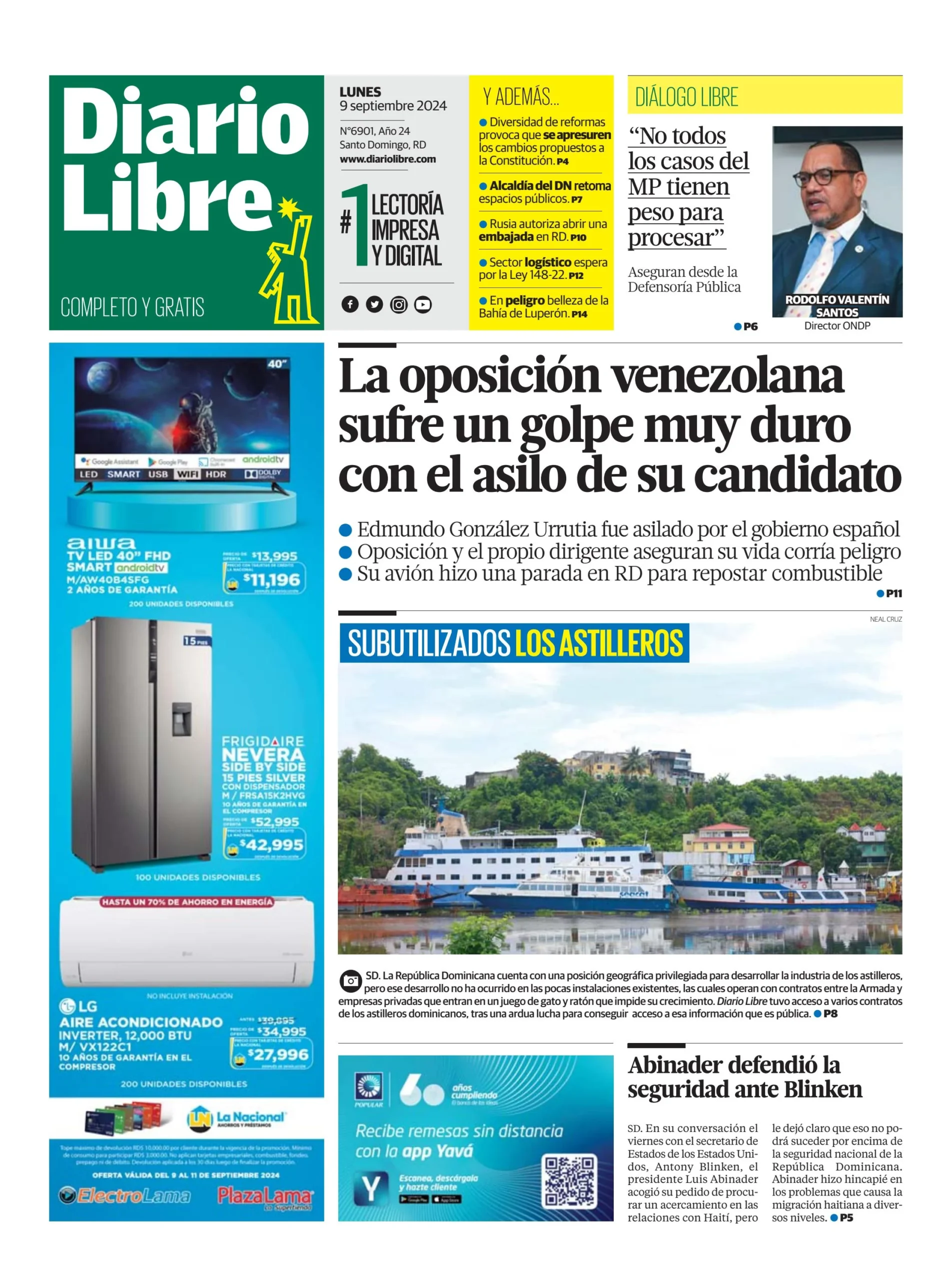 Portada Periódico Diario Libre, Lunes 09 Septiembre, 2024