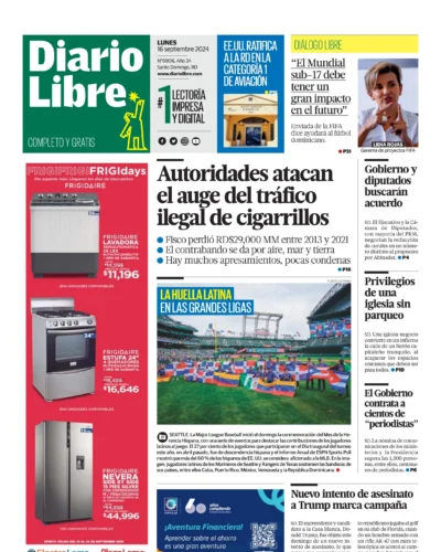 Portada Periódico Diario Libre, Lunes 16 Septiembre, 2024