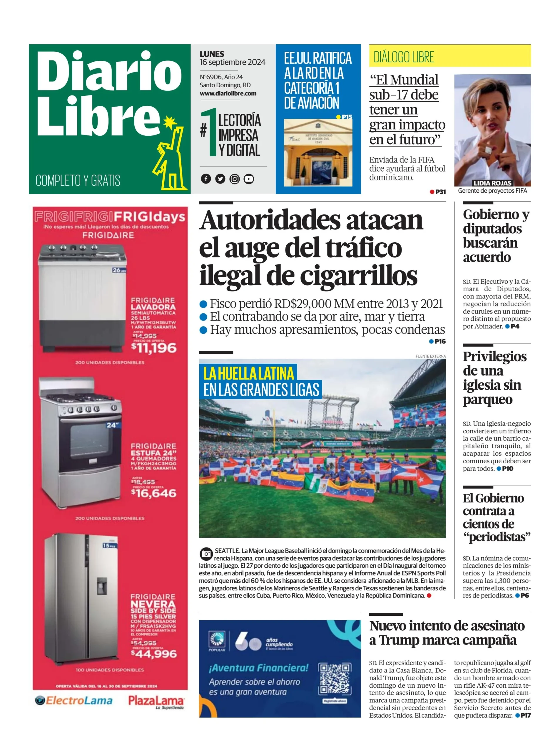 Portada Periódico Diario Libre, Lunes 16 Septiembre, 2024