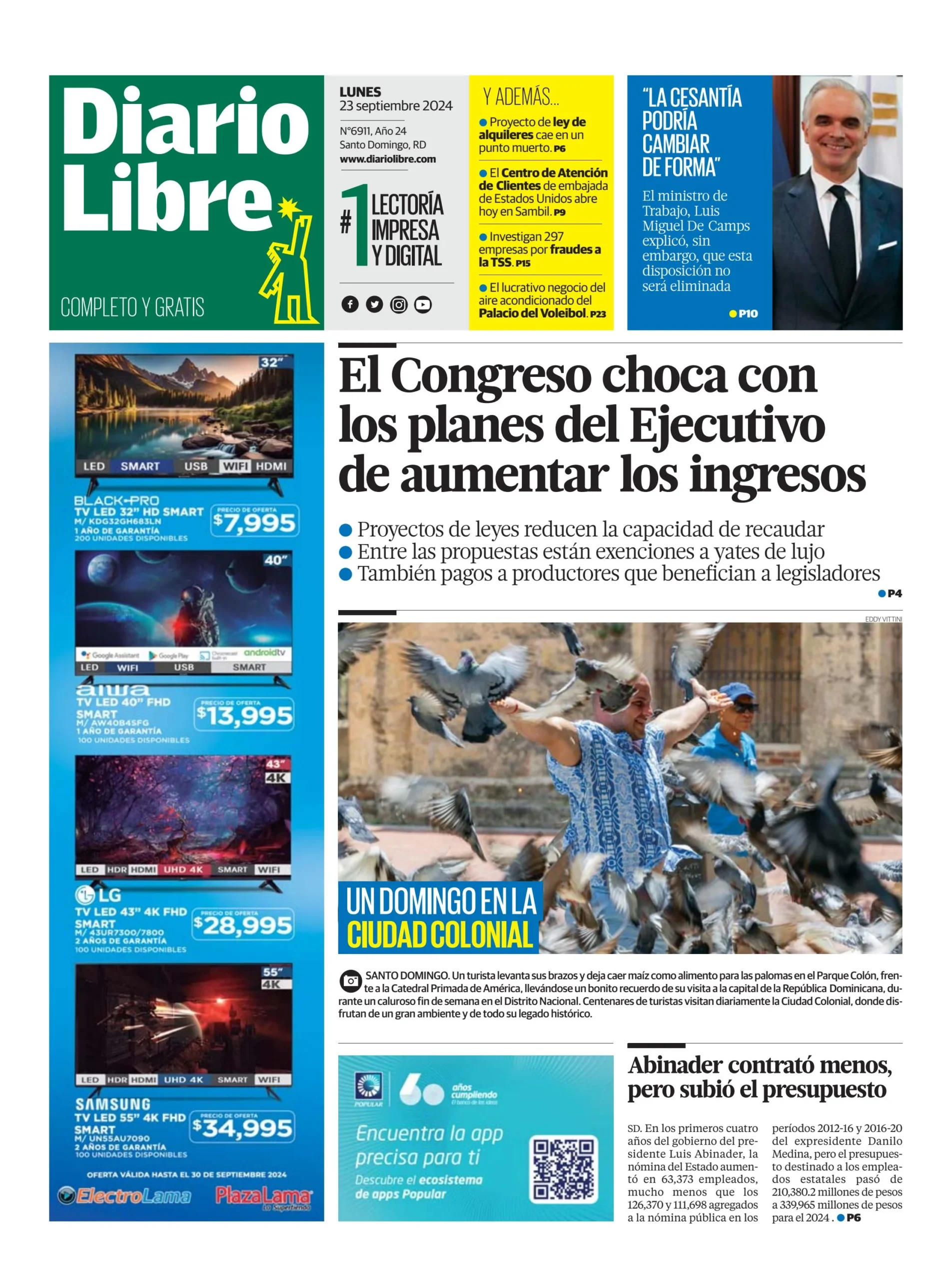 Portada Periódico Diario Libre, Lunes 23 Septiembre, 2024