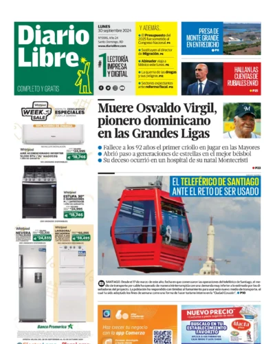 Portada Periódico Diario Libre, Lunes 30 Septiembre, 2024