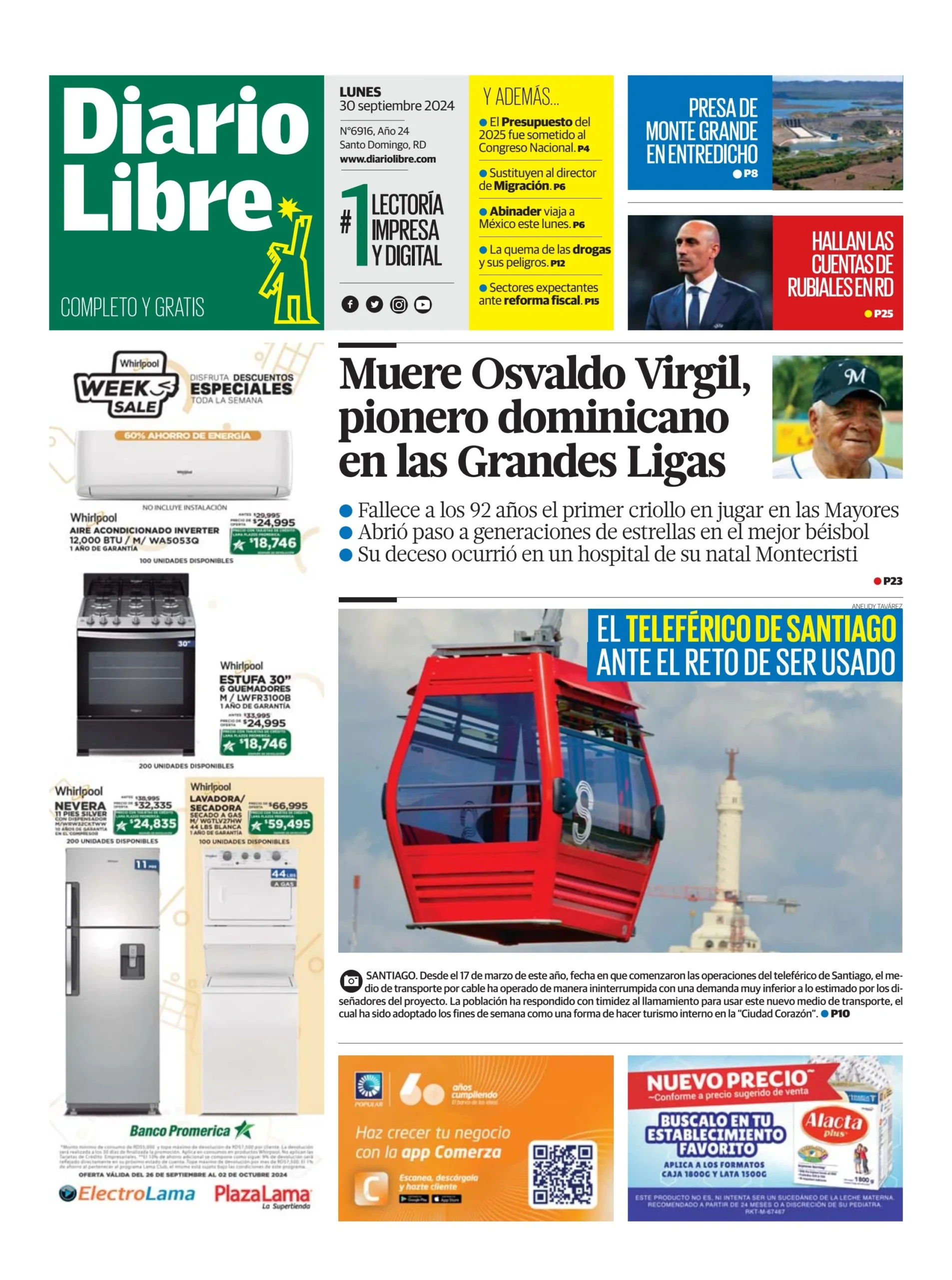 Portada Periódico Diario Libre, Lunes 30 Septiembre, 2024