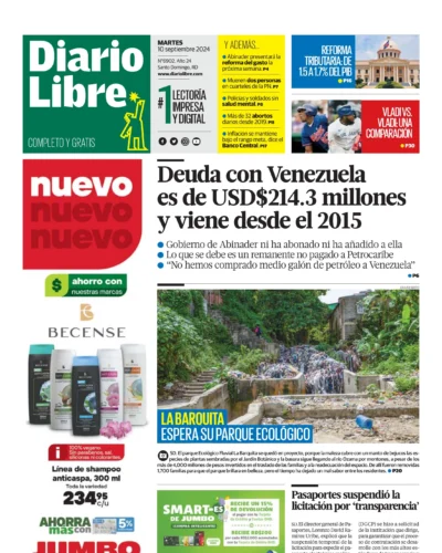 Portada Periódico Diario Libre, Martes 10 Septiembre, 2024