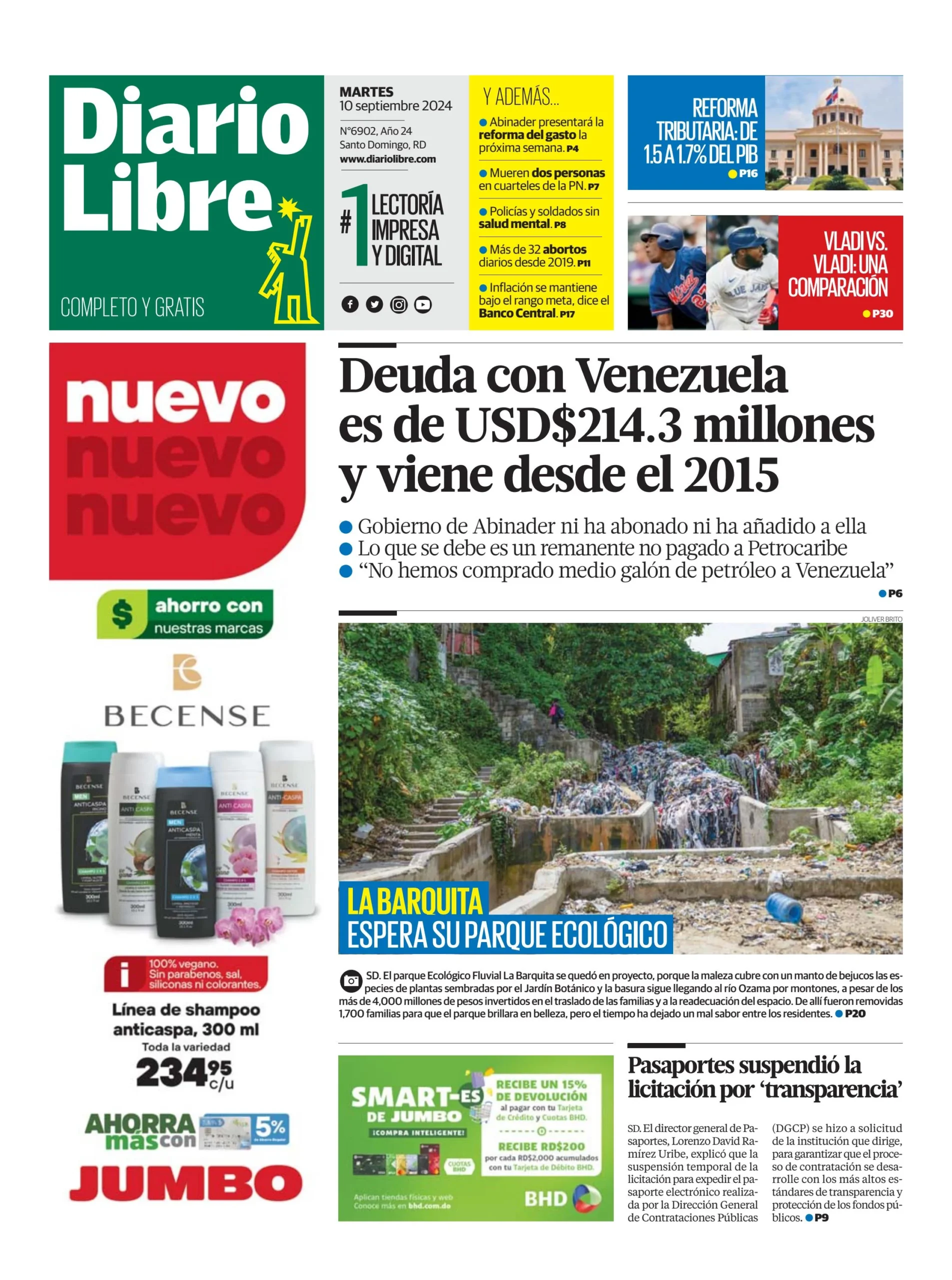 Portada Periódico Diario Libre, Martes 10 Septiembre, 2024