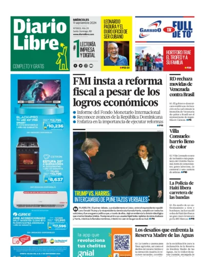 Portada Periódico Diario Libre, Miércoles 11 Septiembre, 2024