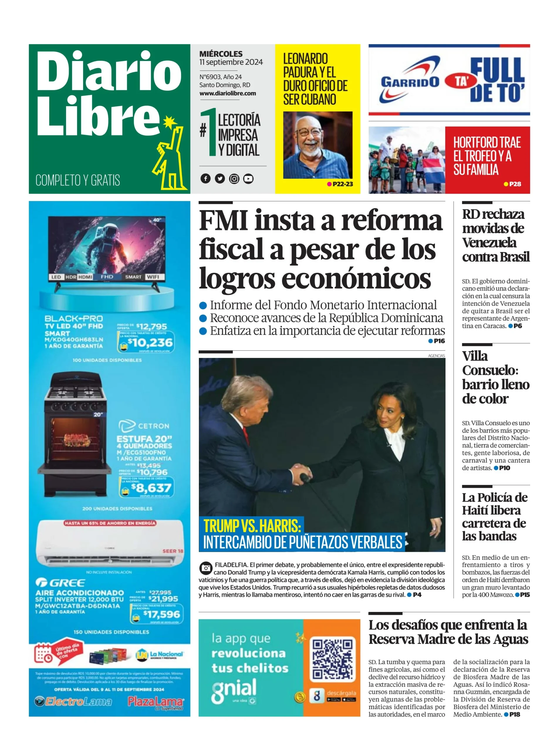 Portada Periódico Diario Libre, Miércoles 11 Septiembre, 2024