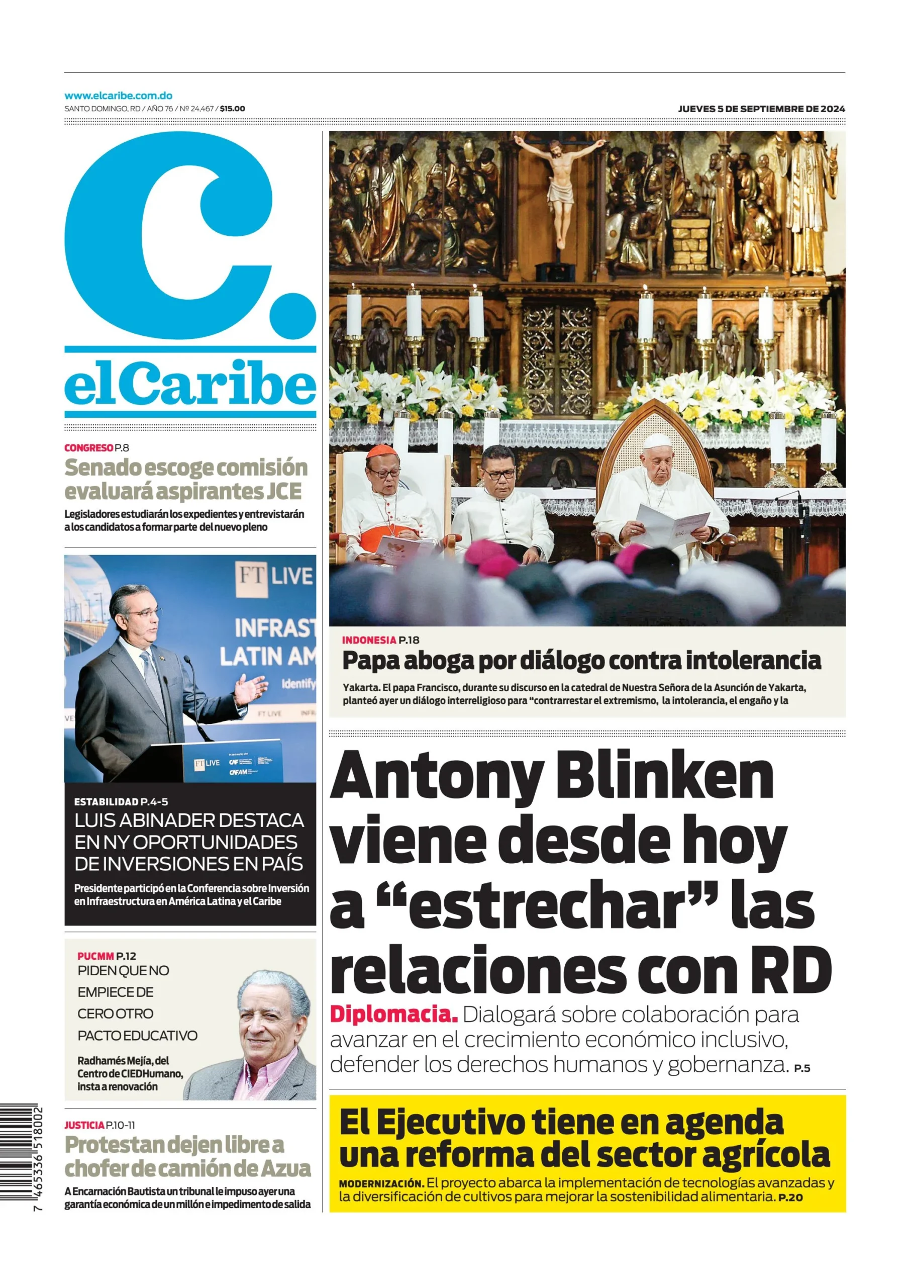 Portada Periódico El Caribe, Jueves 05 Septiembre, 2024