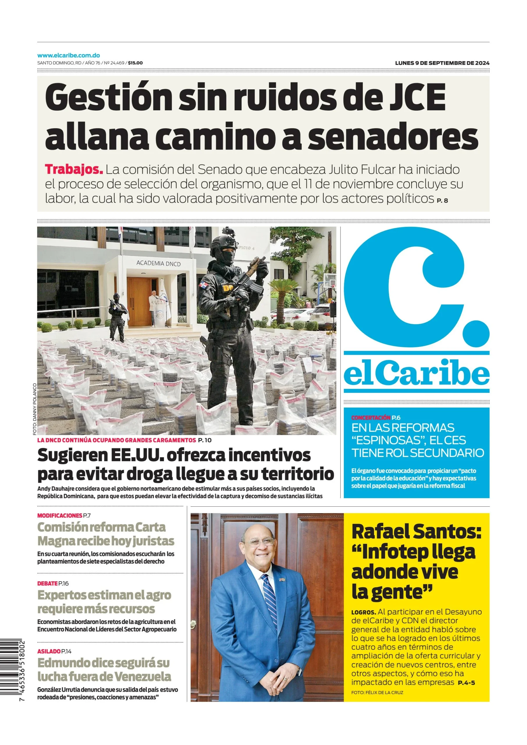 Portada Periódico El Caribe, Lunes 09 Septiembre, 2024