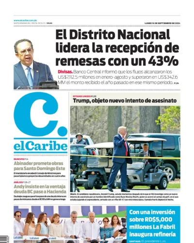 Portada Periódico El Caribe, Lunes 16 Septiembre, 2024