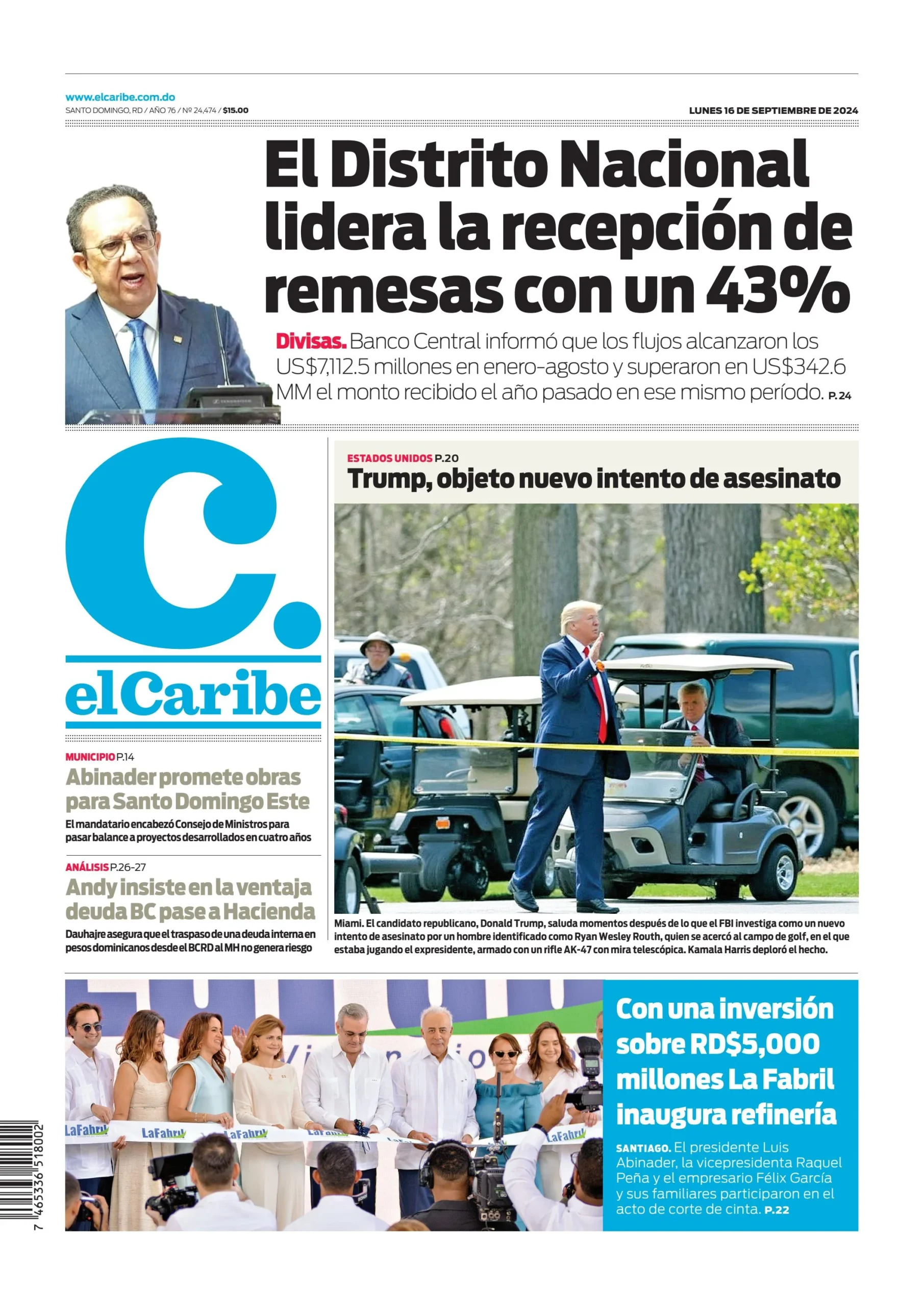 Portada Periódico El Caribe, Lunes 16 Septiembre, 2024