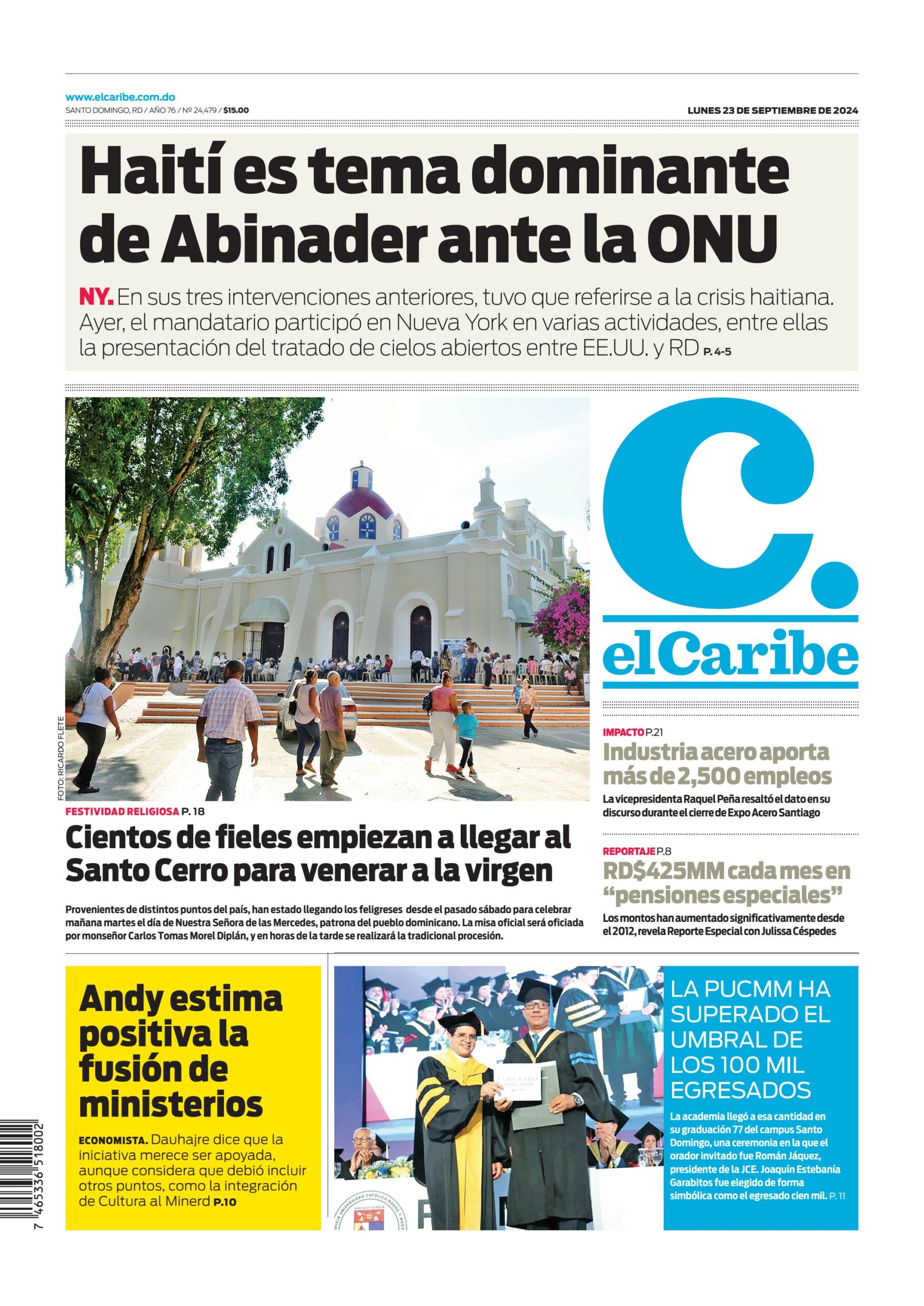 Portada Periódico El Caribe, Lunes 23 Septiembre, 2024