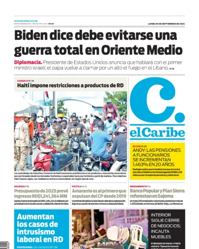 Portada Periódico El Caribe, Lunes 30 Septiembre, 2024