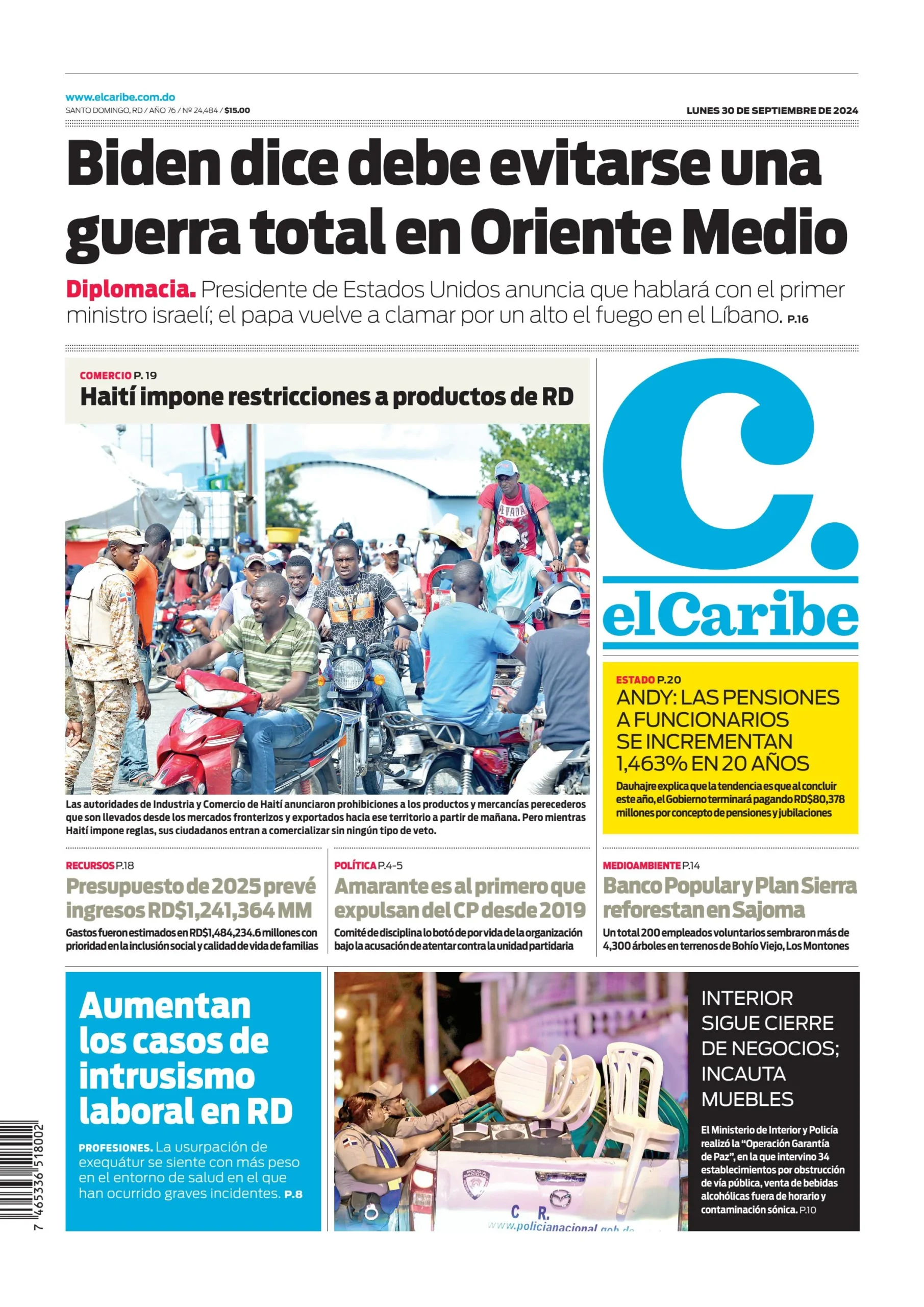 Portada Periódico El Caribe, Lunes 30 Septiembre, 2024