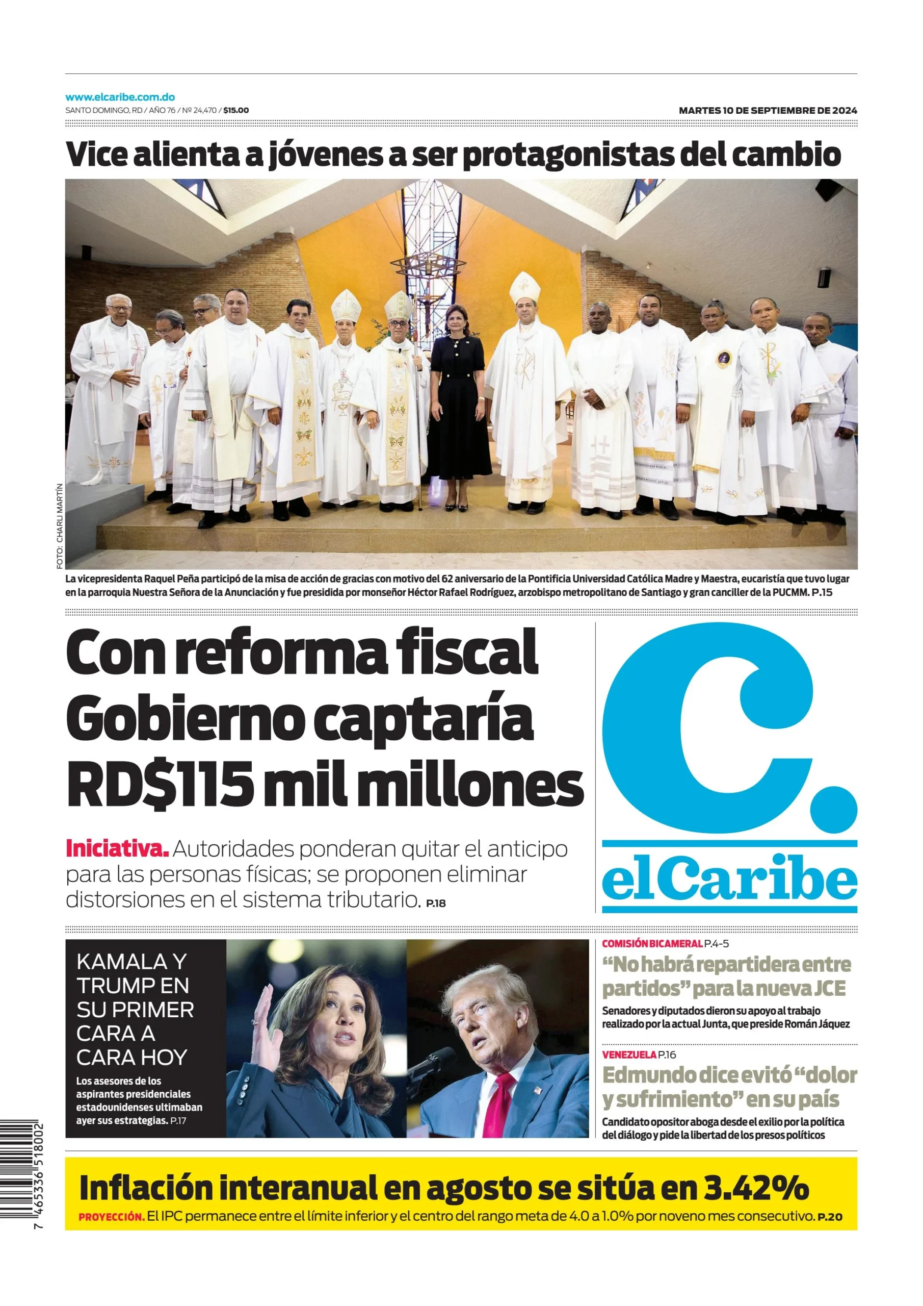 Portada Periódico El Caribe, Martes 10 Septiembre, 2024