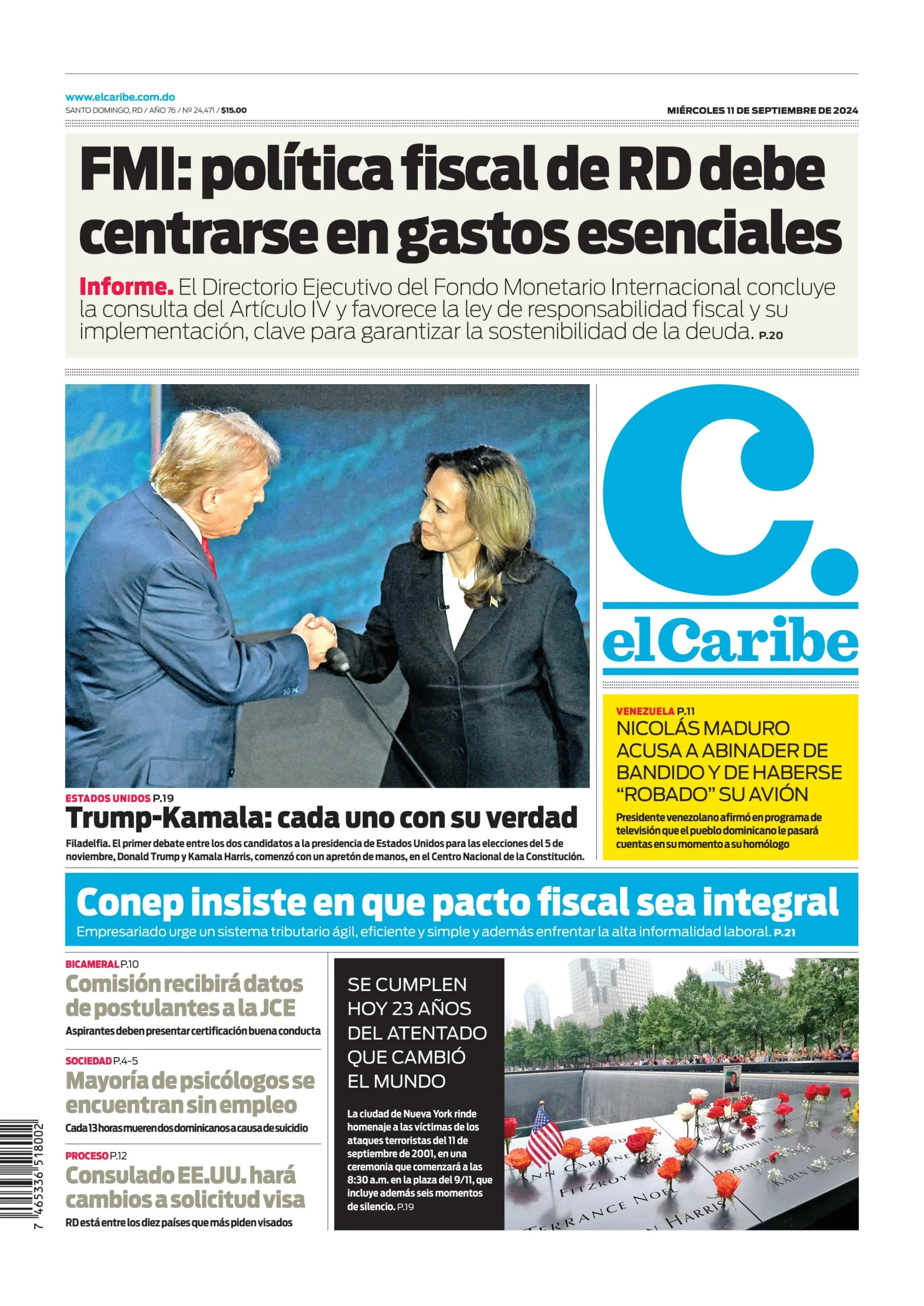 Portada Periódico El Caribe, Miércoles 11 Septiembre, 2024