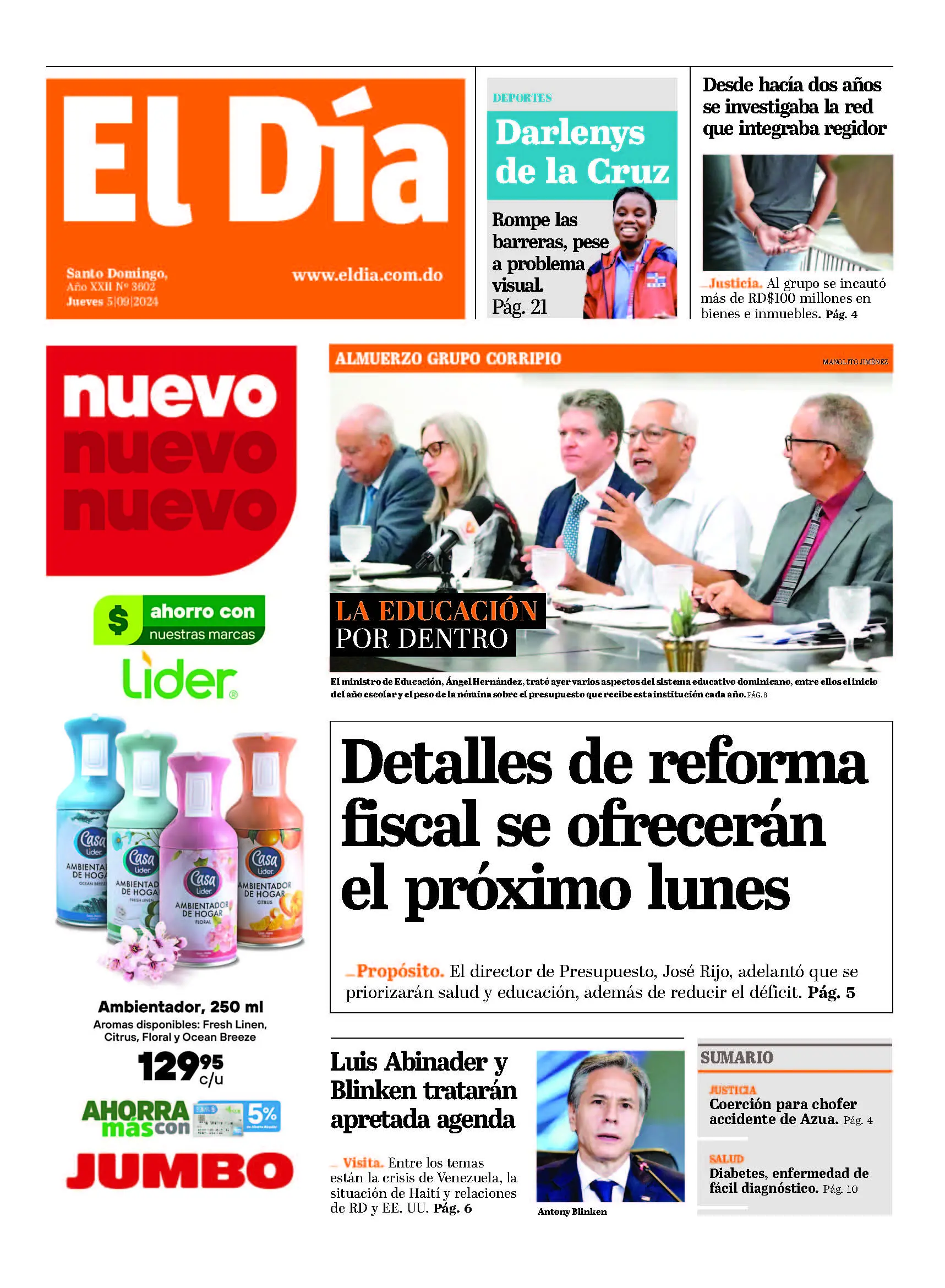 Portada Periódico El Día, Jueves 05 Septiembre, 2024