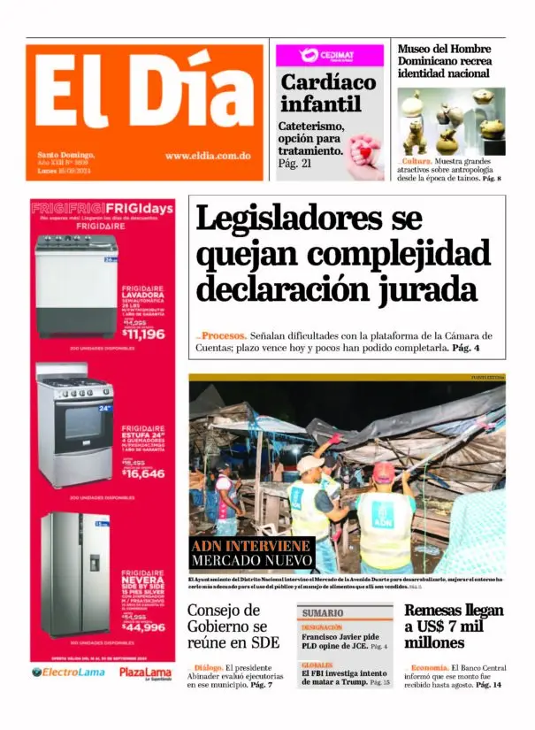 Portada Periódico El Día, Lunes 16 Septiembre, 2024