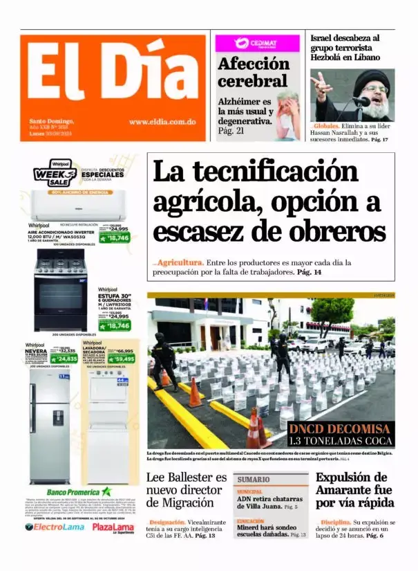 Portada Periódico El Día, Lunes 30 Septiembre, 2024