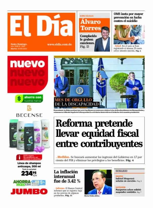 Portada Periódico El Día, Martes 10 Septiembre, 2024