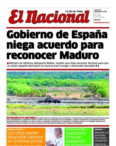 Portada Periódico El Nacional, Lunes 09 Septiembre, 2024