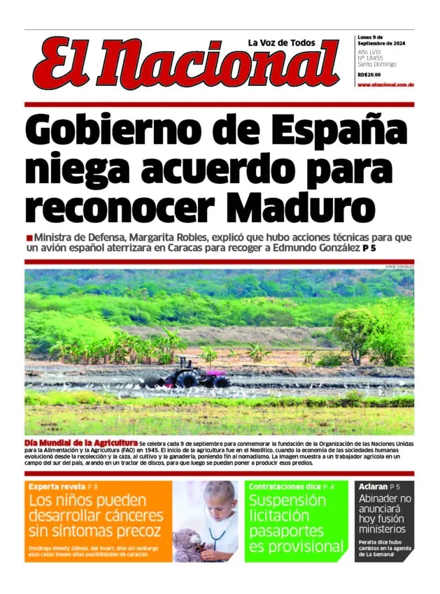 Portada Periódico El Nacional, Lunes 09 Septiembre, 2024