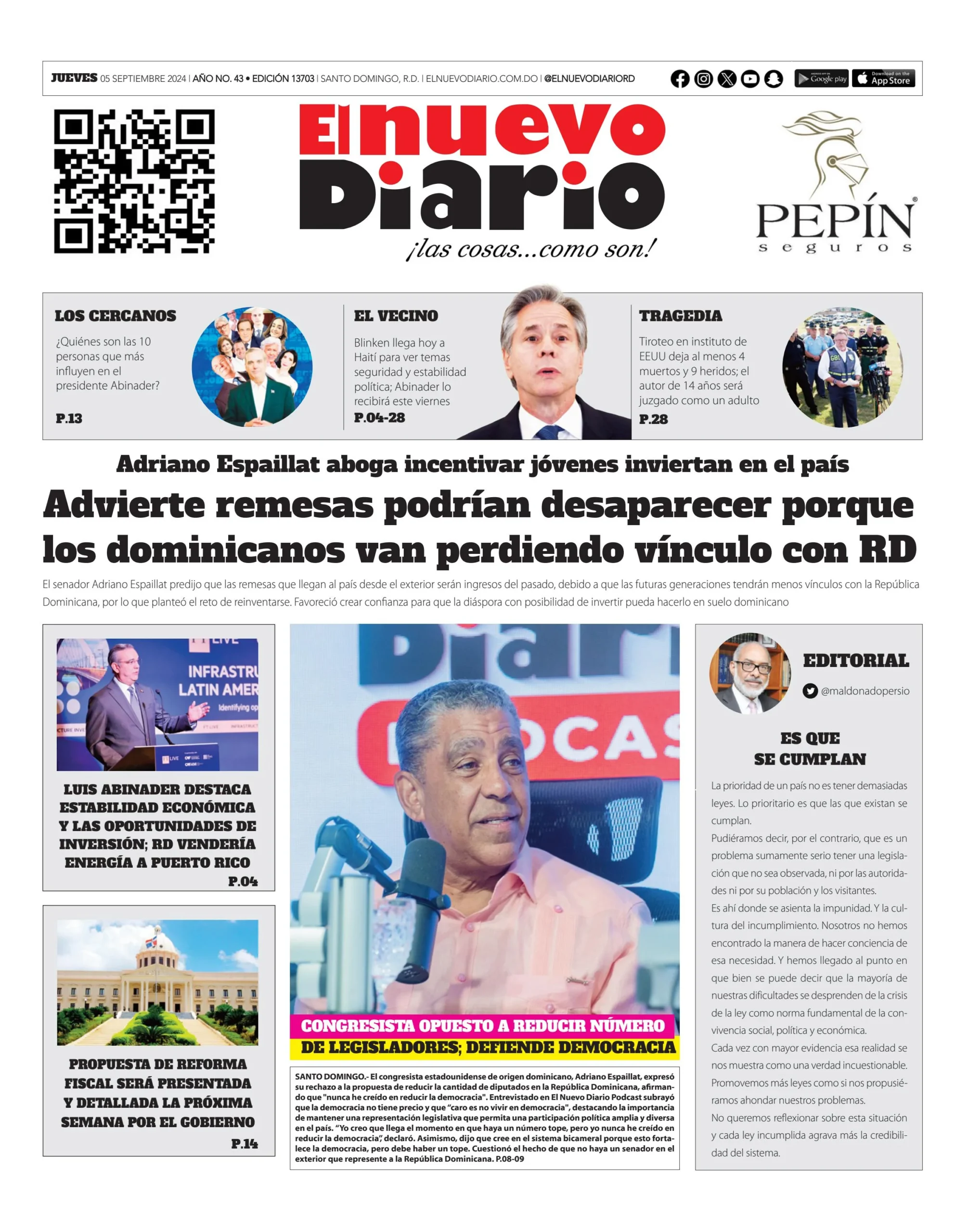 Portada Periódico El Nuevo Diario, Jueves 05 Septiembre, 2024