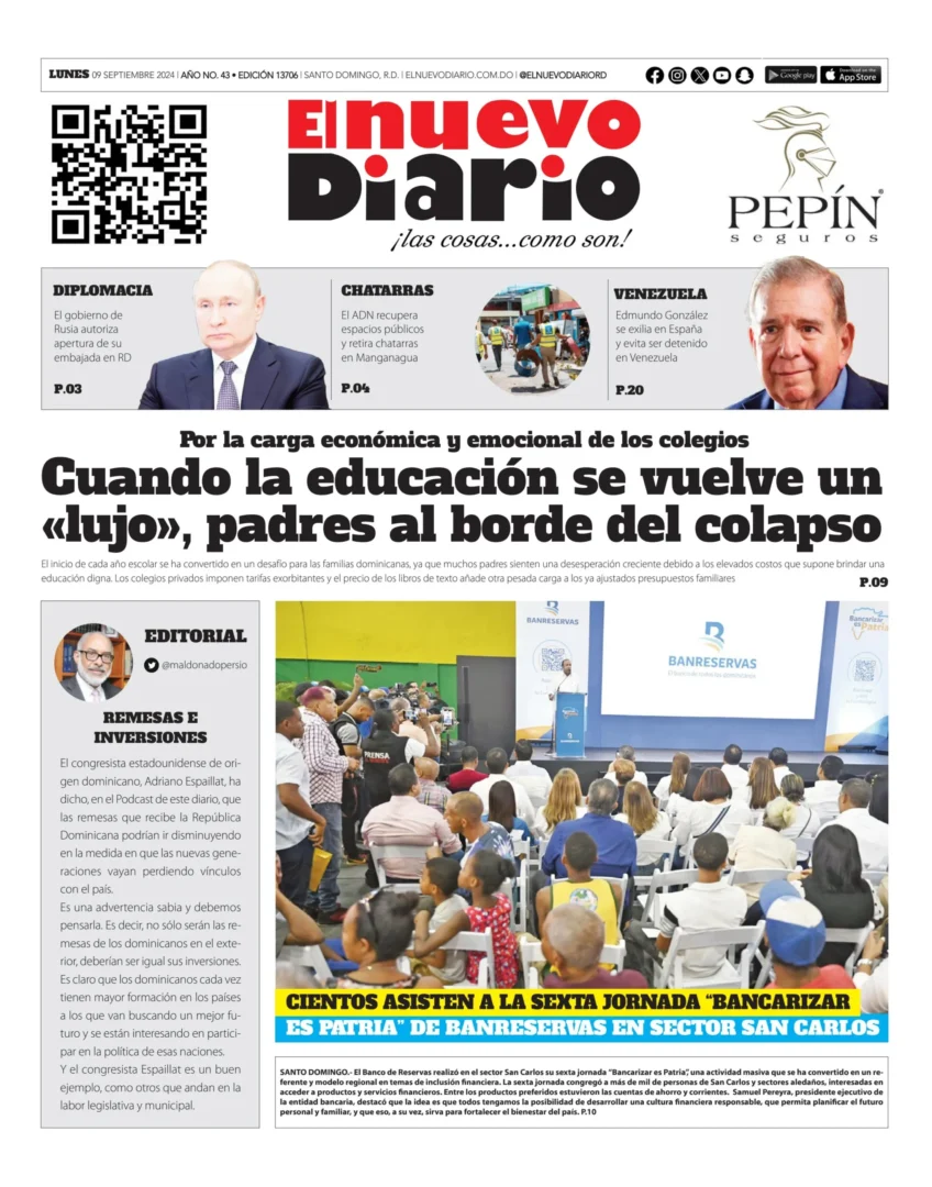 Portada Periódico El Nuevo Diario, Lunes 09 Septiembre, 2024