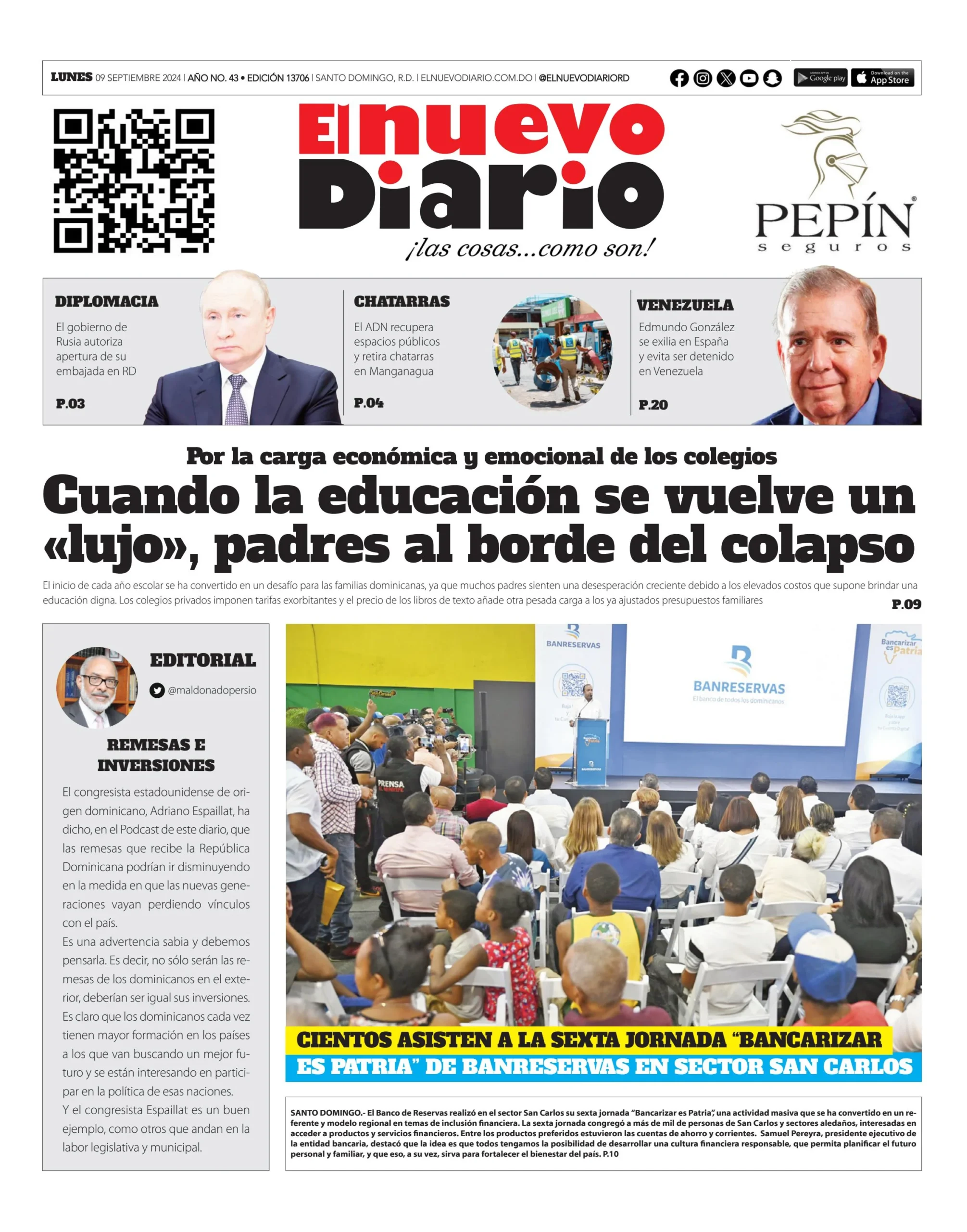 Portada Periódico El Nuevo Diario, Lunes 09 Septiembre, 2024