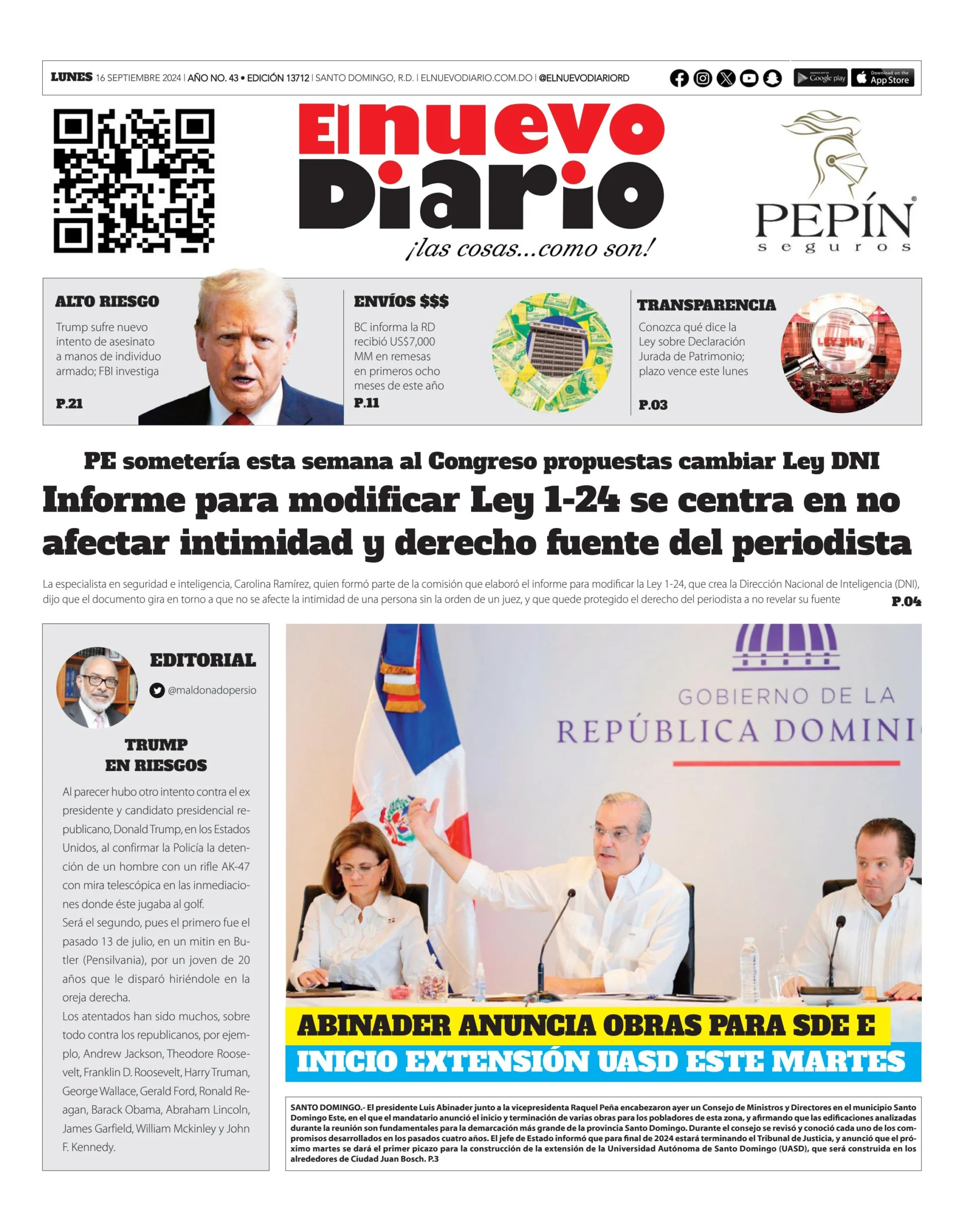 Portada Periódico El Nuevo Diario, Lunes 16 Septiembre, 2024